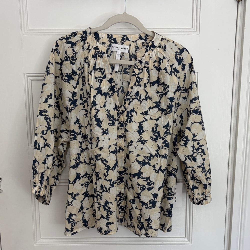 Apiece Apart Cream and Navy Floral Peasant Blouse